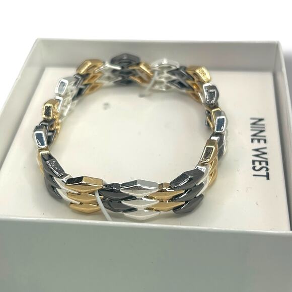 NEW Nine West Tri-Tone Basketweave Stretch Bracelet in Box Gold Gray Silver - Picture 4 of 7